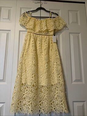 Astr Floral Lace Off-Shoulder Midi Dress in Yellow